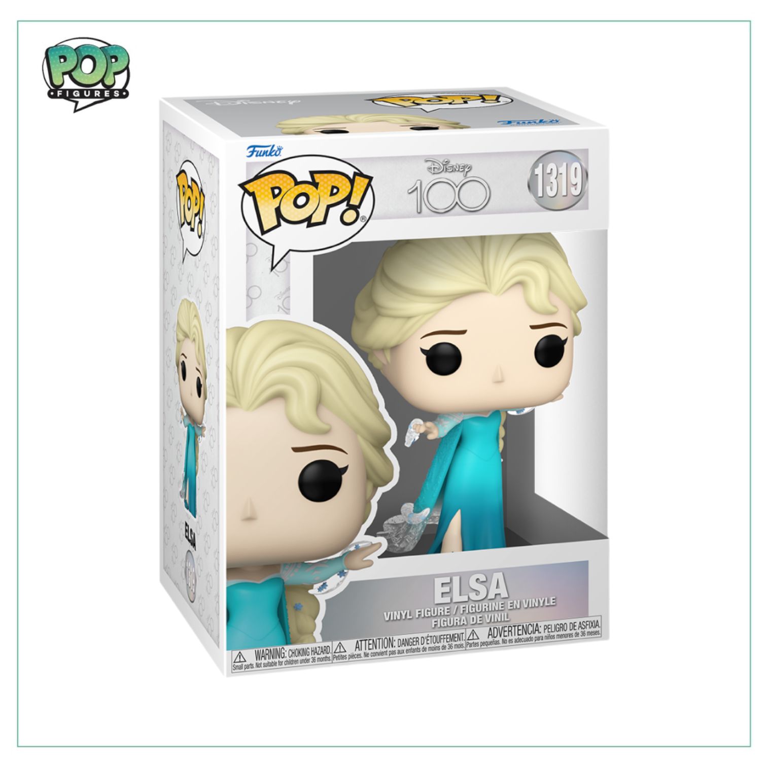 Elsa Funko Pop! figure #1319, celebrating Disney's 100th anniversary, features her iconic icy blue dress and braid.