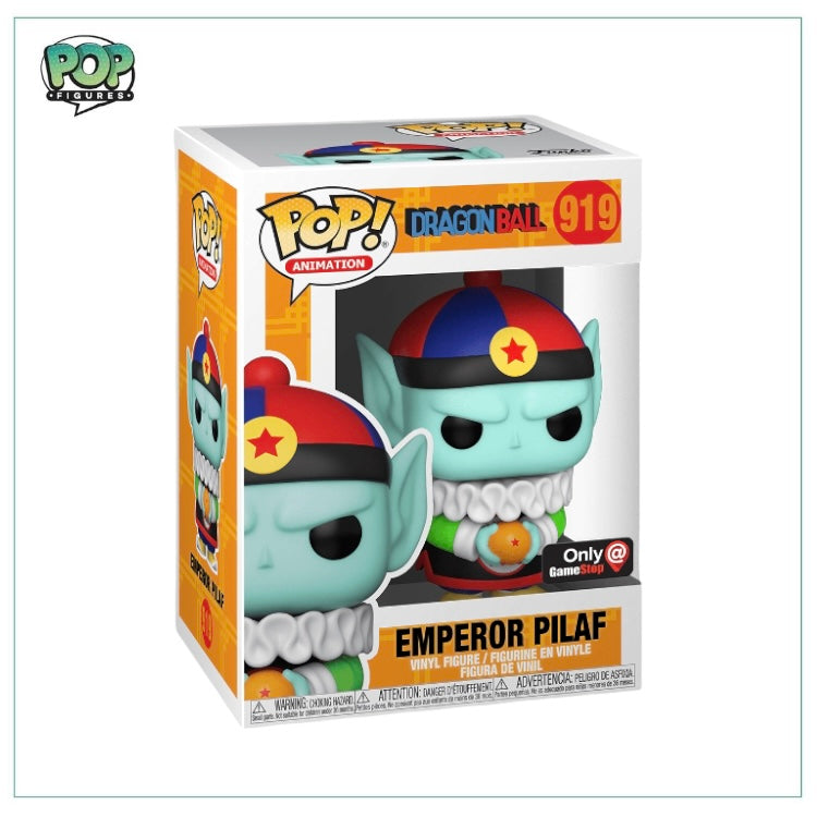 Funko Pop! figure of Emperor Pilaf from DragonBall, featuring vibrant colors and a Gamestop exclusive sticker.