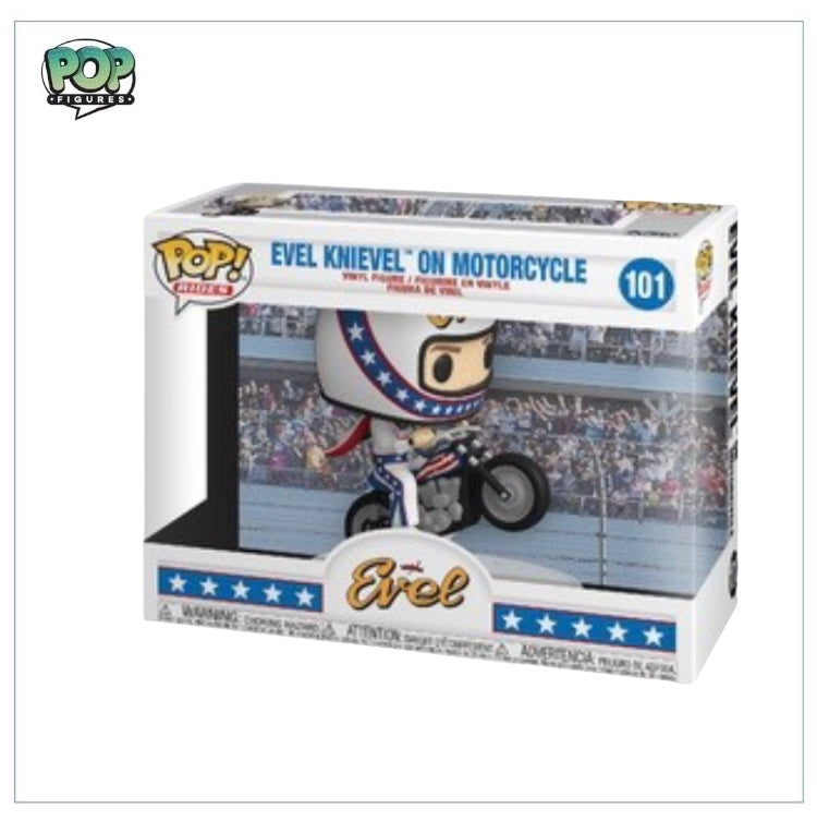 Deluxe Funko Pop! Rides depicts Evil Knievel on a motorcycle, capturing the thrill of his legendary stunts in a fun collectible.