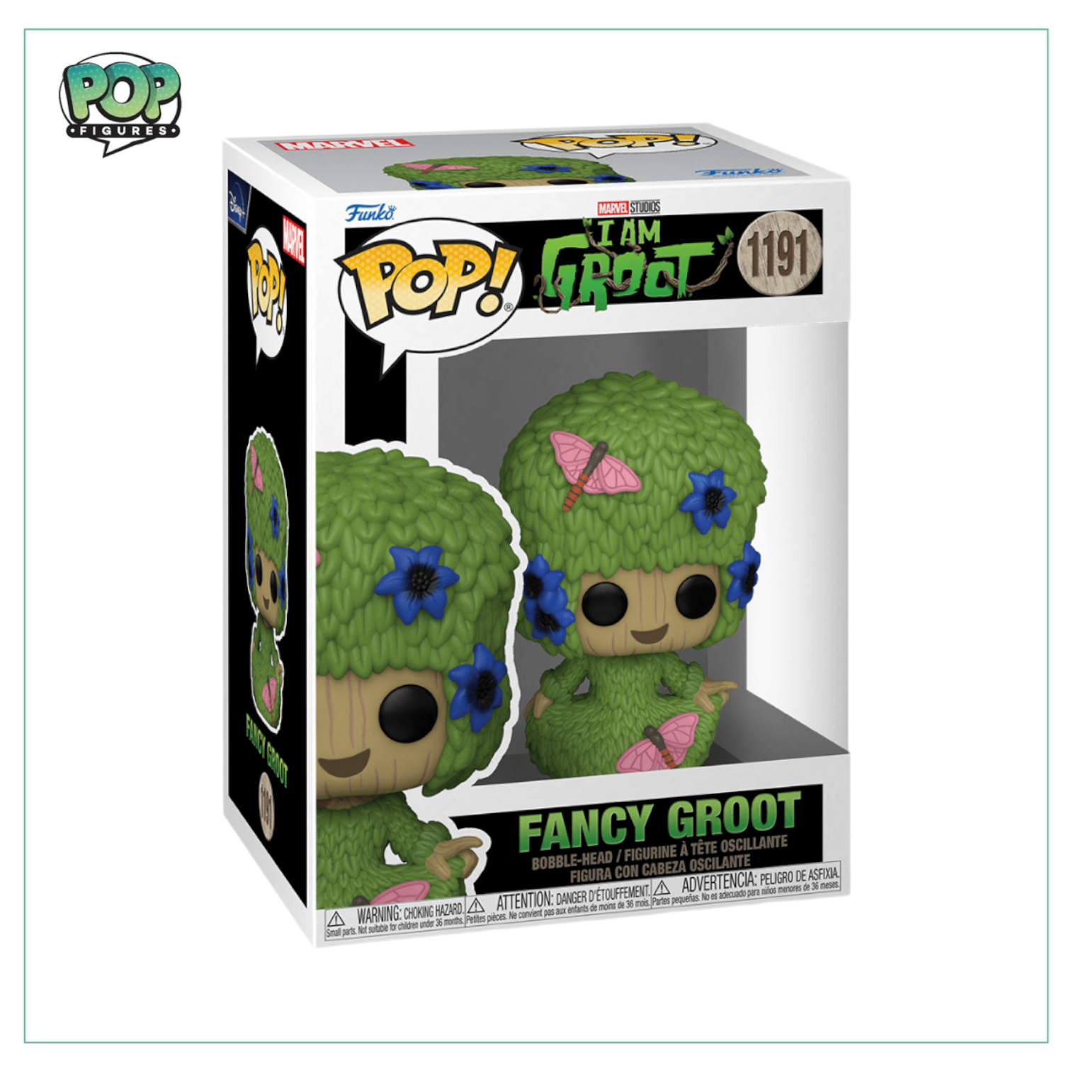 Fancy Groot #1191 Funko Pop! collectible, depicting a cheerful Groot with a glossy appearance, cradling a tiny plant.