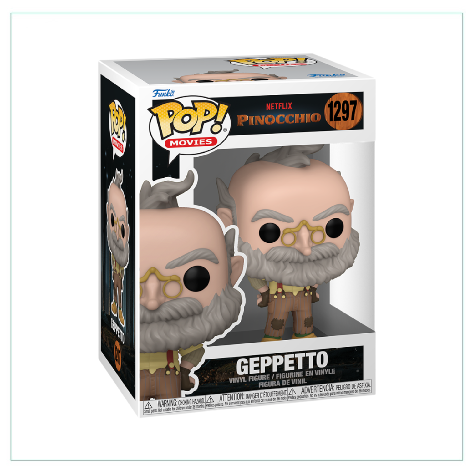Funko Pop! Geppetto #1297 figure from Pinocchio, featuring the classic character with a joyful expression and detailed design.
