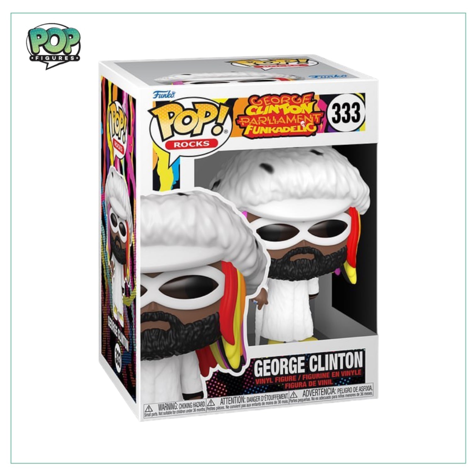 George Clinton #333 Funko POP! figure, featuring his unique look and colorful outfit, perfect for any music fan's collection.