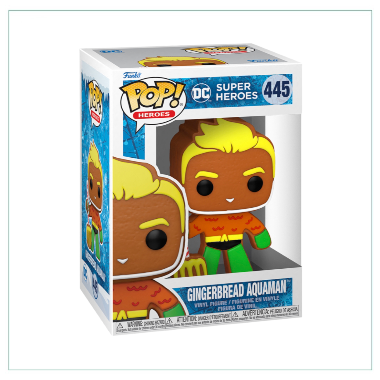 Gingerbread Aquaman Funko Pop! #445, featuring a festive design with Aquaman's signature trident and gingerbread details.