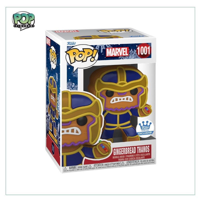 Gingerbread Thanos Funko Pop! #951, a Marvel character, depicted in a festive gingerbread design, exclusive to Funko Shop.