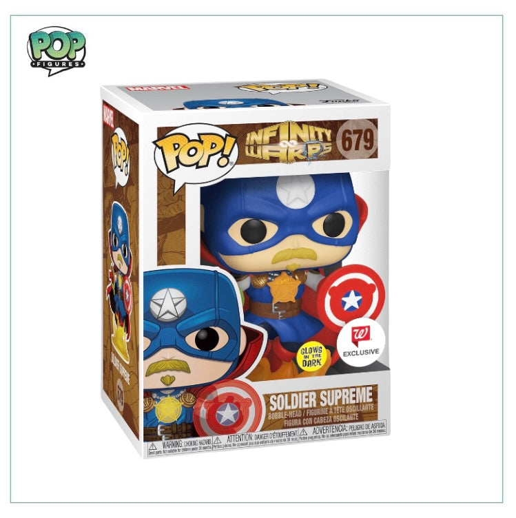 Glow-in-the-dark Soldier Supreme Funko Pop! #679 from Infinity Warps, a Walgreens exclusive collectible figure.