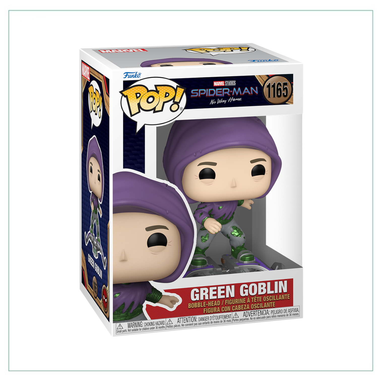 Funko Pop! figure of Green Goblin #1165 from Spider-Man: No Way Home, showcasing its iconic green and purple costume.