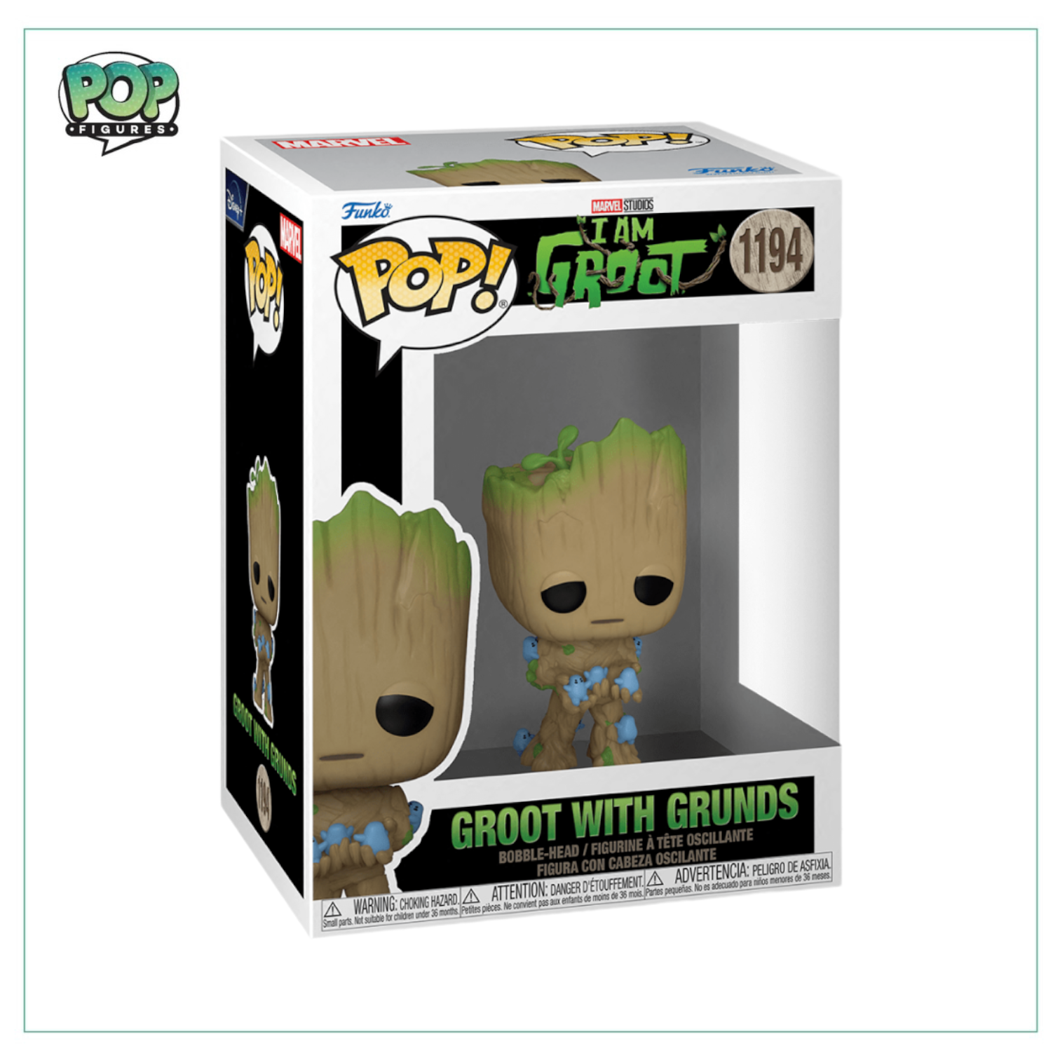 Funko Pop! of Groot with Grunds #1194, showing Groot's cheerful expression and a tiny creature next to him.
