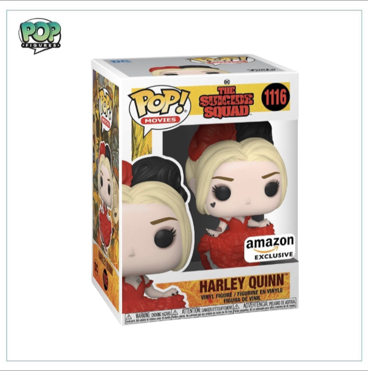 Funko Pop! figure of Harley Quinn from Suicide Squad, dressed in her iconic outfit, Amazon Exclusive edition.