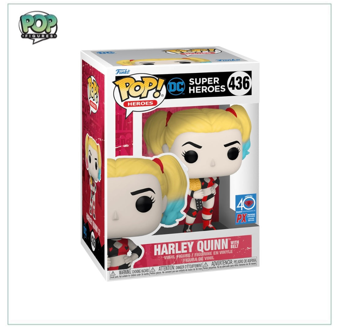 Funko Pop! figure of Harley Quinn wearing a belt, part of the PX Previews Exclusive DC collection.