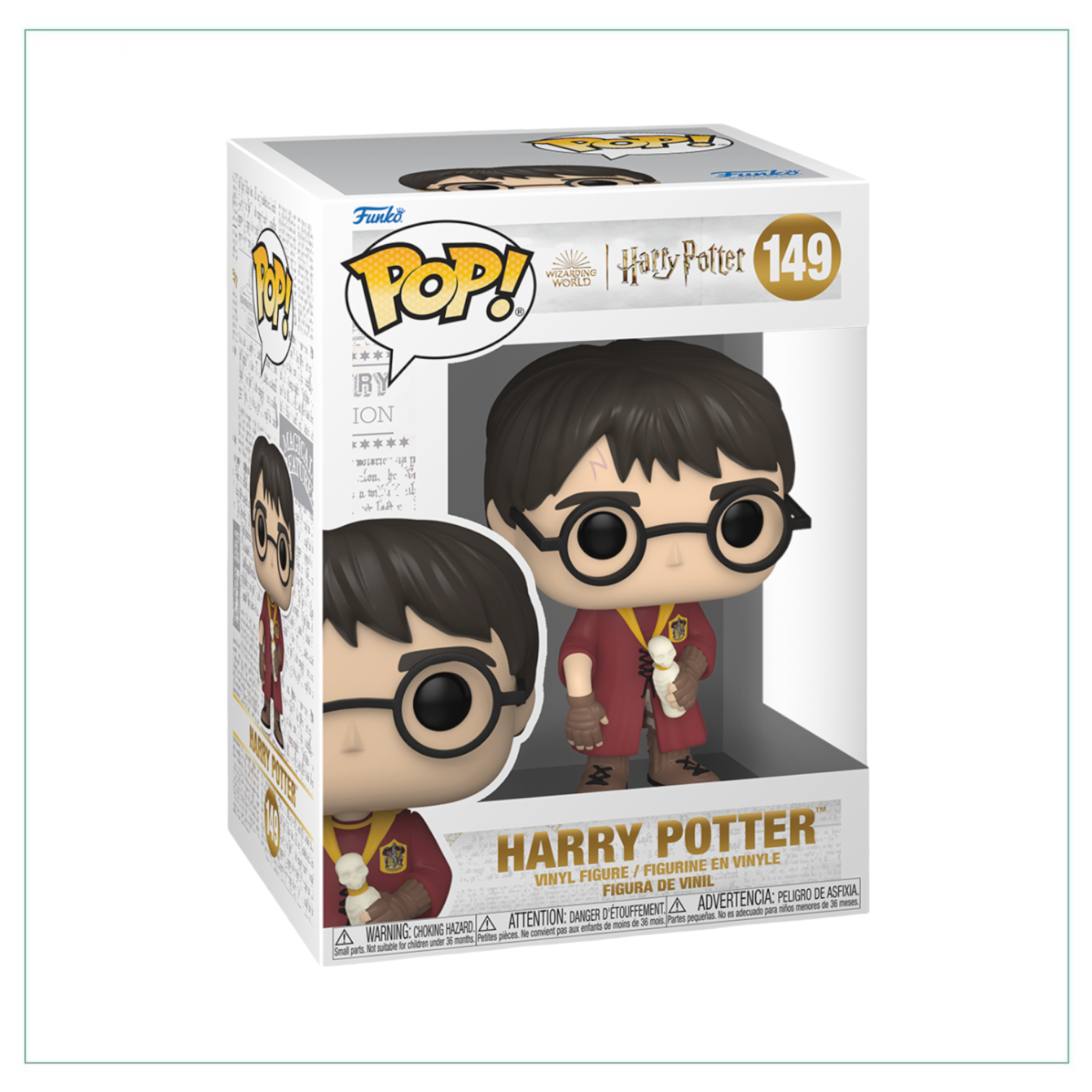 Harry Potter #149 Funko Pop! collectible, showcasing the beloved character with his wand and distinctive outfit.