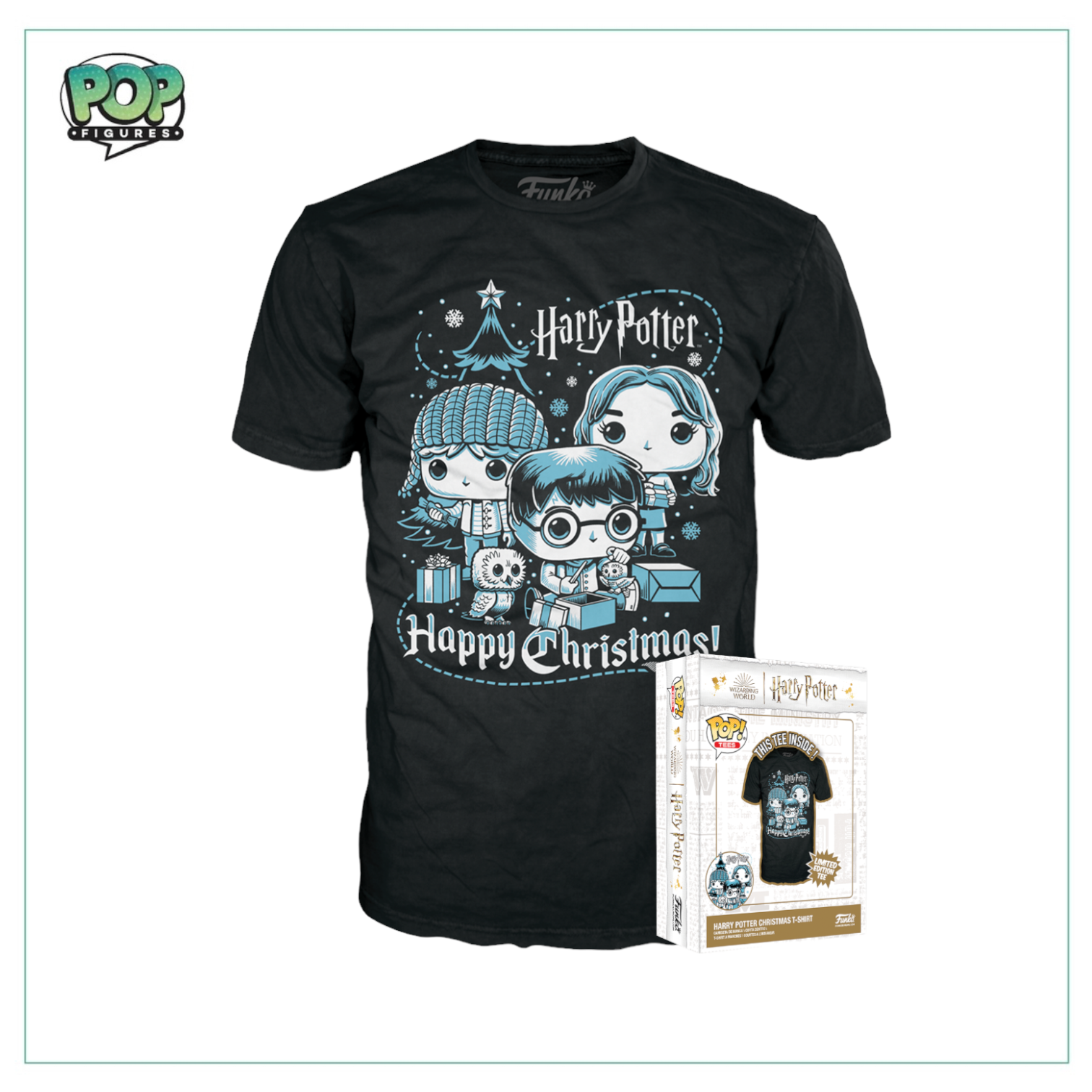 Boxed tee featuring Ron, Hermione, and Harry from Harry Potter, perfect for holiday celebrations and fans of the series.