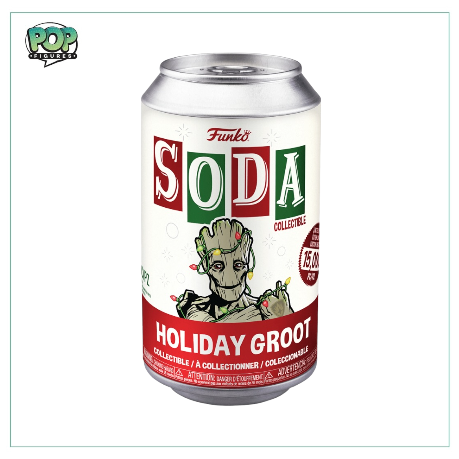Marvel's Holiday Groot Funko Soda Vinyl Figure, limited to 15,000 pieces, featuring a potential chase variant.