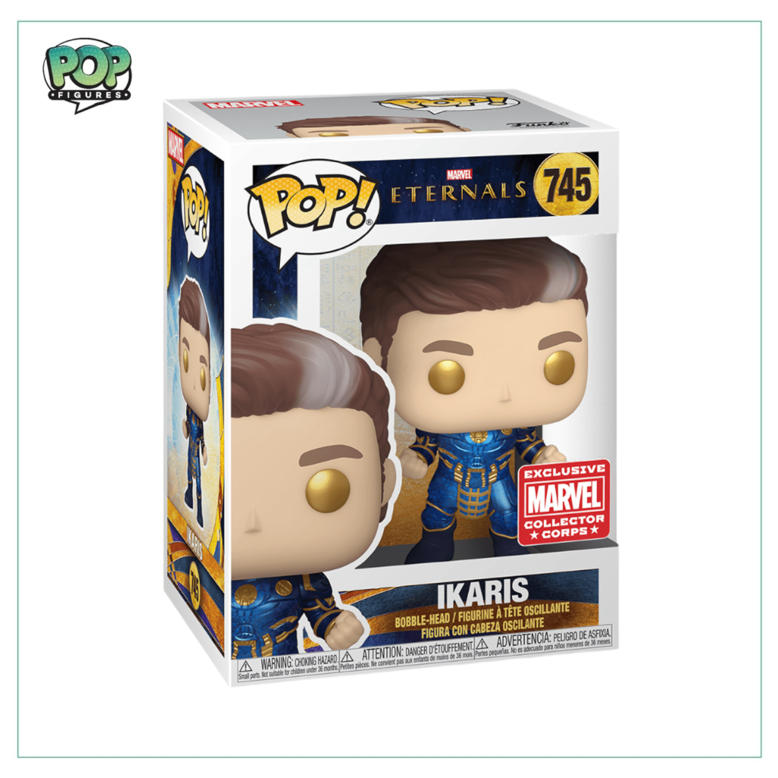 Funko Pop! Ikaris #745 from Eternals, a Marvel Collector Corps exclusive, showcasing the character in vibrant detail.