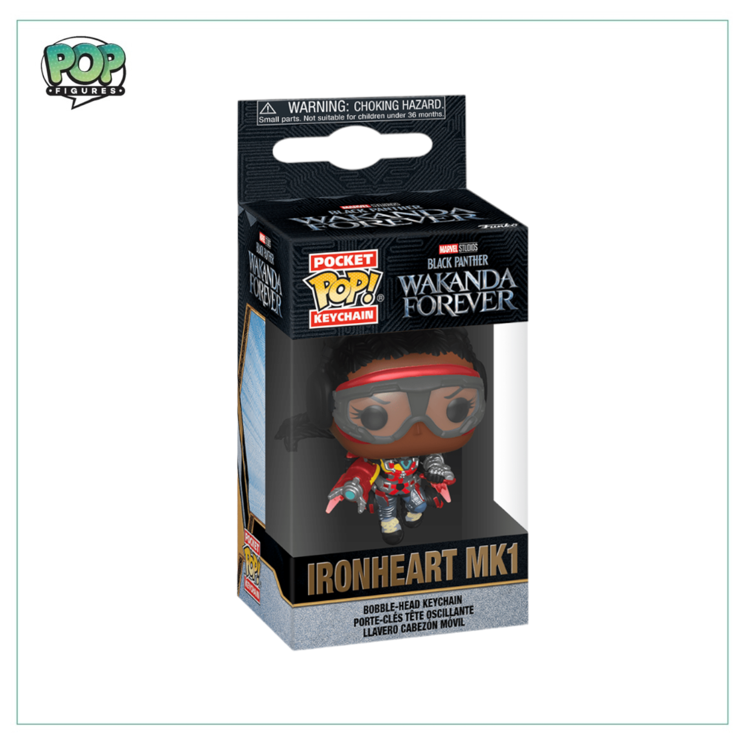 Marvel's Ironheart Mk1 Pocket Pop Keychain, showcasing a miniature Ironheart figure inspired by Wakanda Forever.