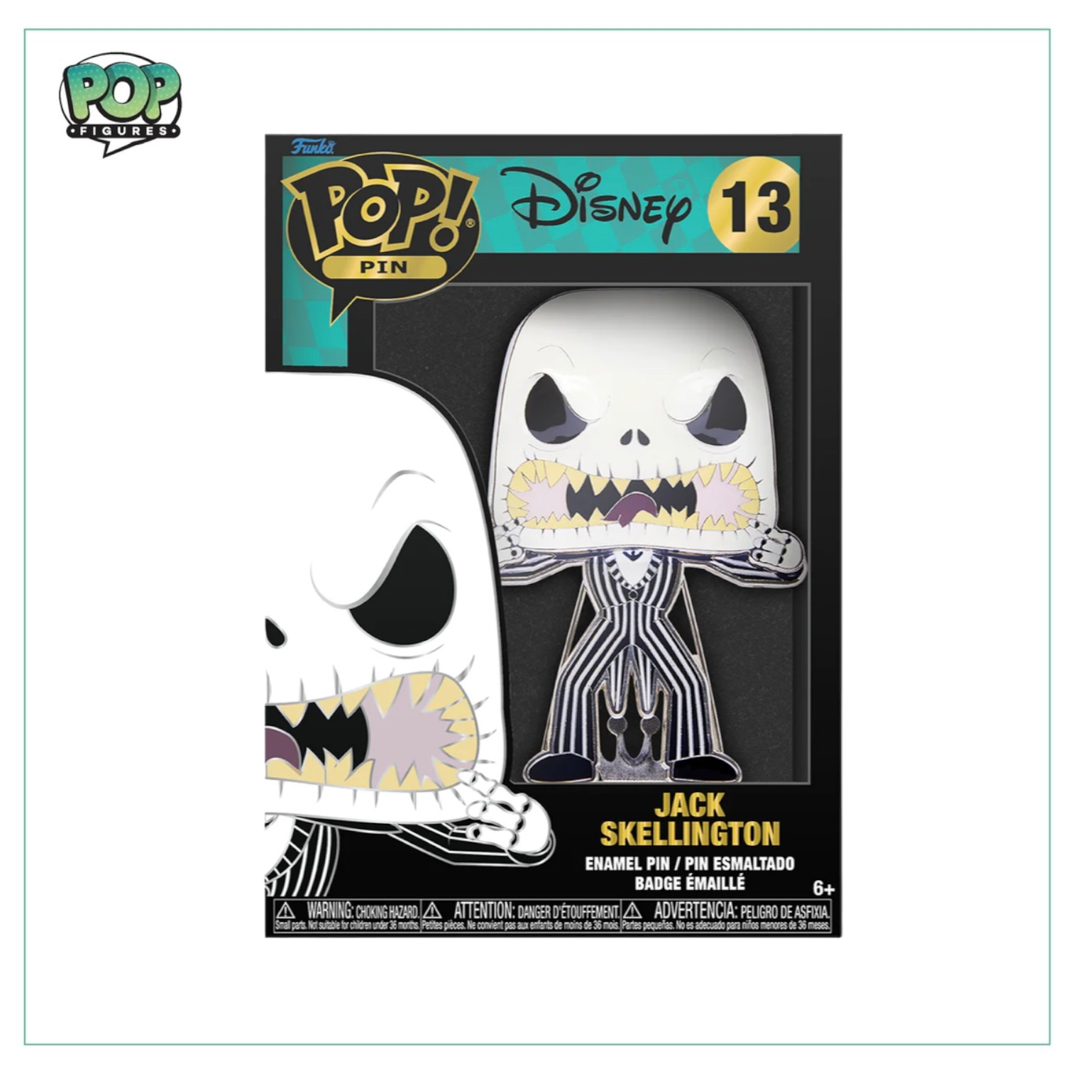 Jack Skellington #13 Funko enamel pin featuring the iconic character from The Nightmare Before Christmas, with a spooky design.