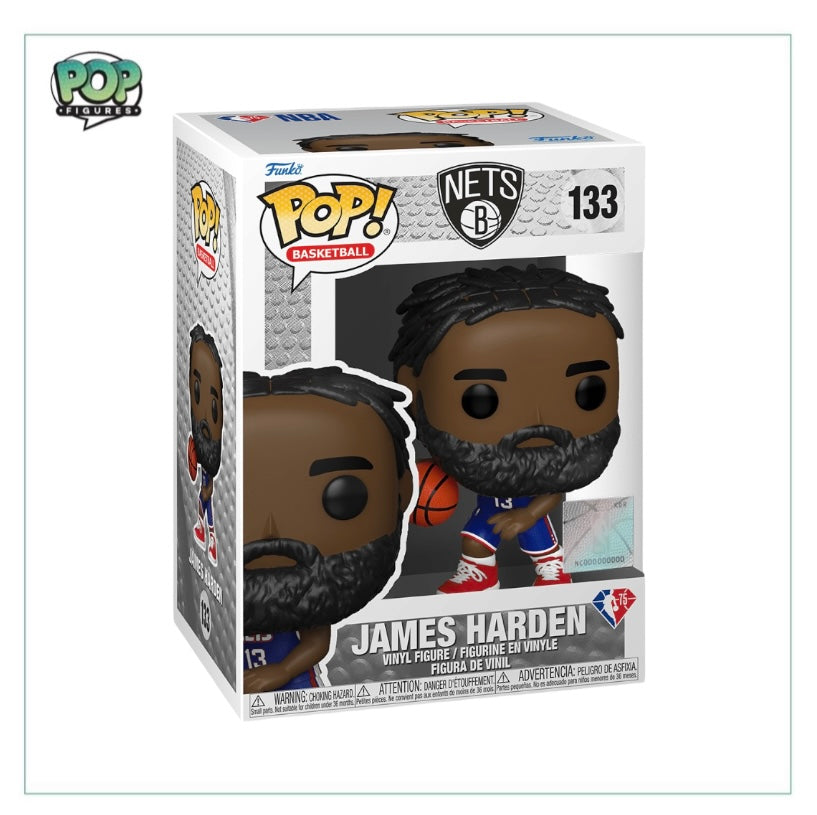 Funko Pop! figure of James Harden in a basketball uniform, showcasing his iconic beard and jersey #133.