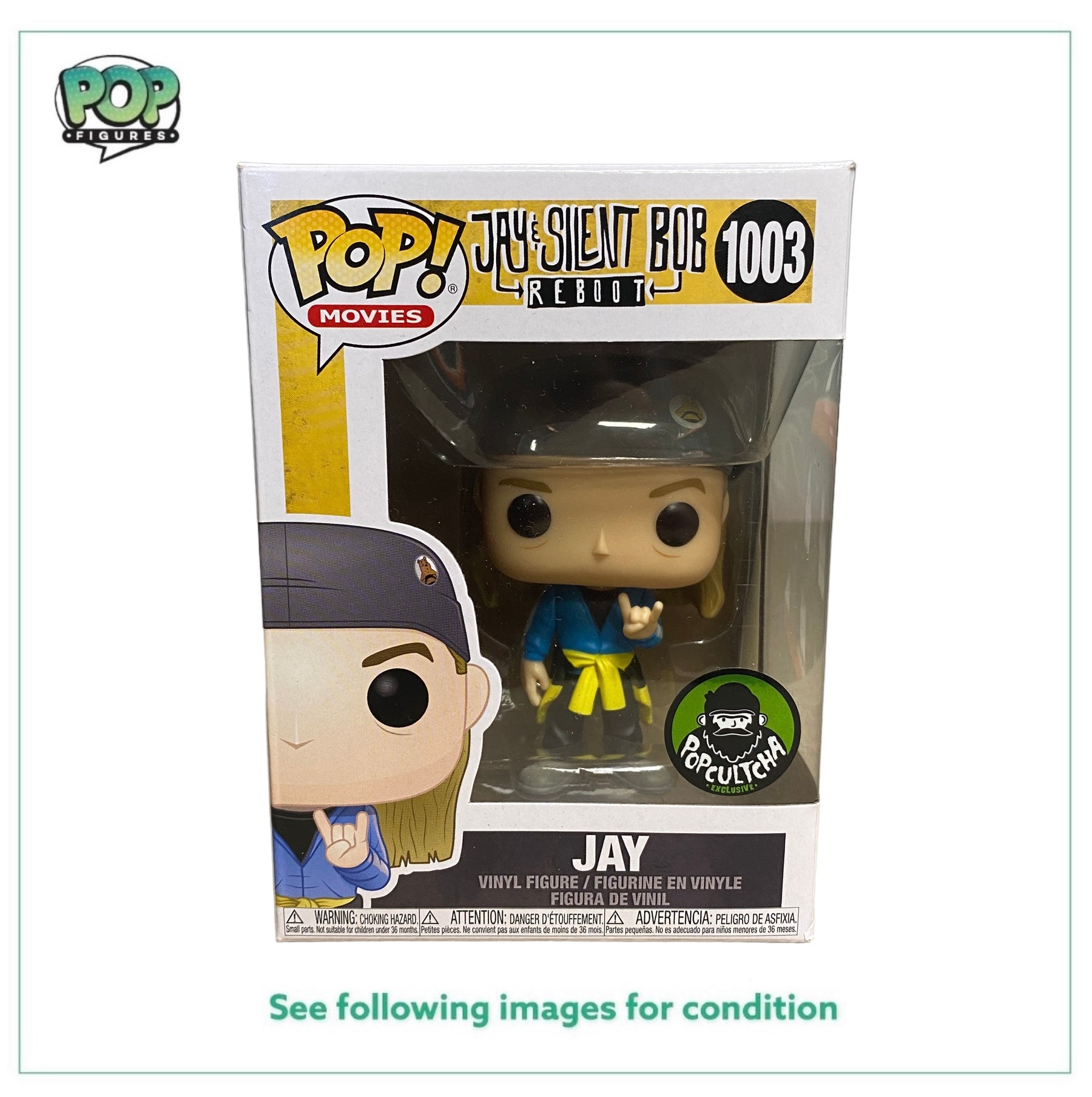Jay #1003 Funko Pop! from Jay and Silent Bob Reboot, exclusive to Popcultcha, rated 8/10, featuring colorful design.