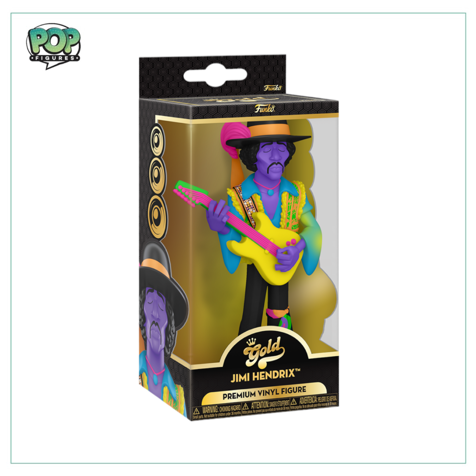 Funko Gold Jimi Hendrix figure in blacklight design, featuring bright colors and classic rock star elements.