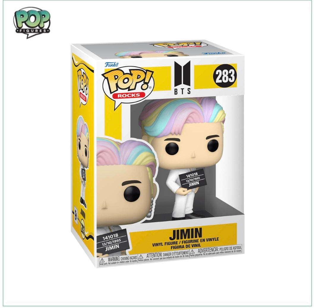 Jimin #283 Funko Pop! figure, showcasing his rockstar vibe with trendy attire and a fun, energetic stance for collectors.