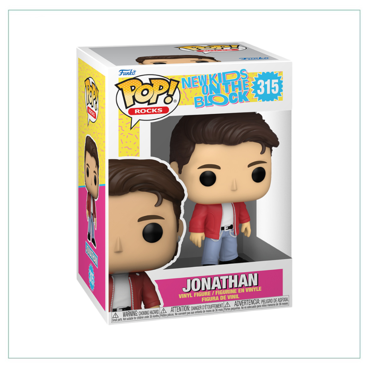 Jonathan Funko Pop! from New Kids on the Block, showcasing his cool outfit and iconic hairstyle in a collectible figure.