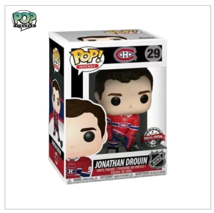 Jonathan Drouin #29 Funko Pop! figure, a special edition collectible from the NHL, showcasing the hockey star in vibrant detail.