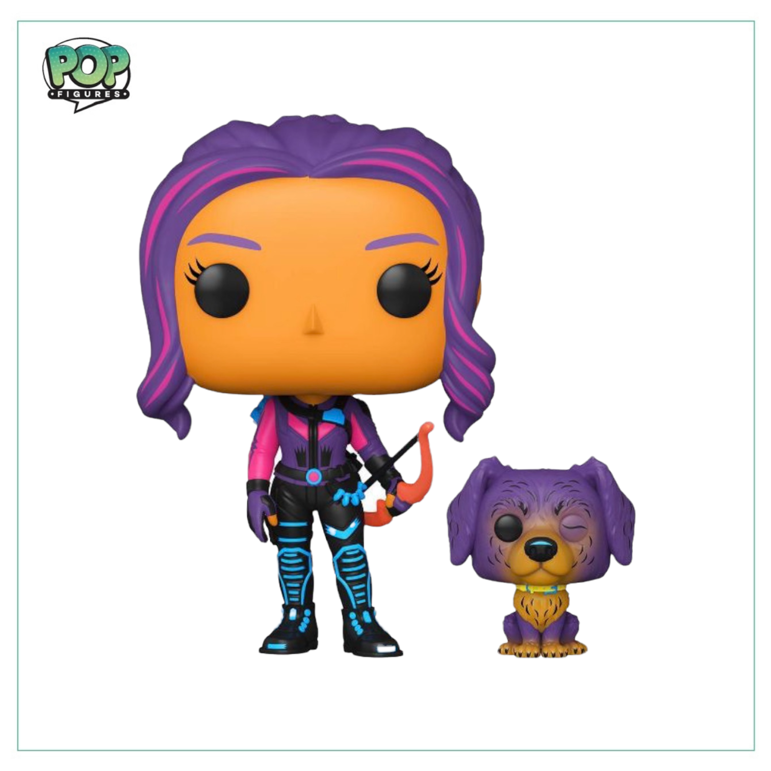 Kate Bishop and Lucky Funko Pop! #1212 in blacklight design, exclusive to Target, featuring vibrant colors and details.