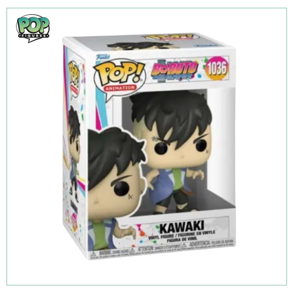 Funko Pop! figure of Kawaki from Boruto, featuring detailed design and vibrant colors, standing on a display base.