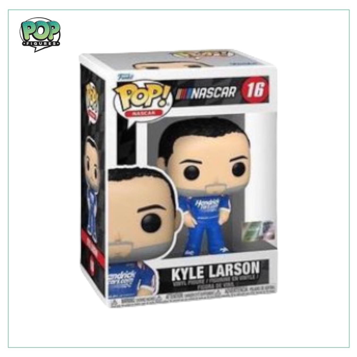 Funko Pop! figure of Kyle Larson, #16, representing his NASCAR persona with detailed features and vibrant colors.