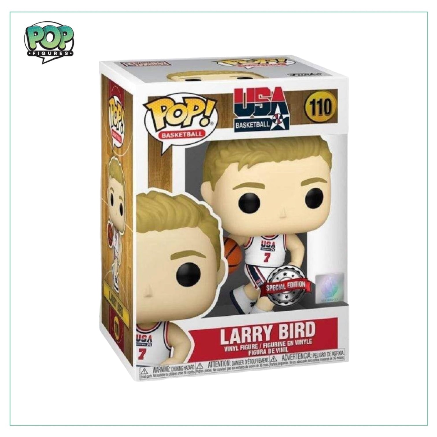 Larry Bird #110 Funko Pop! figure, representing USA Basketball, special edition collectible with vibrant details.