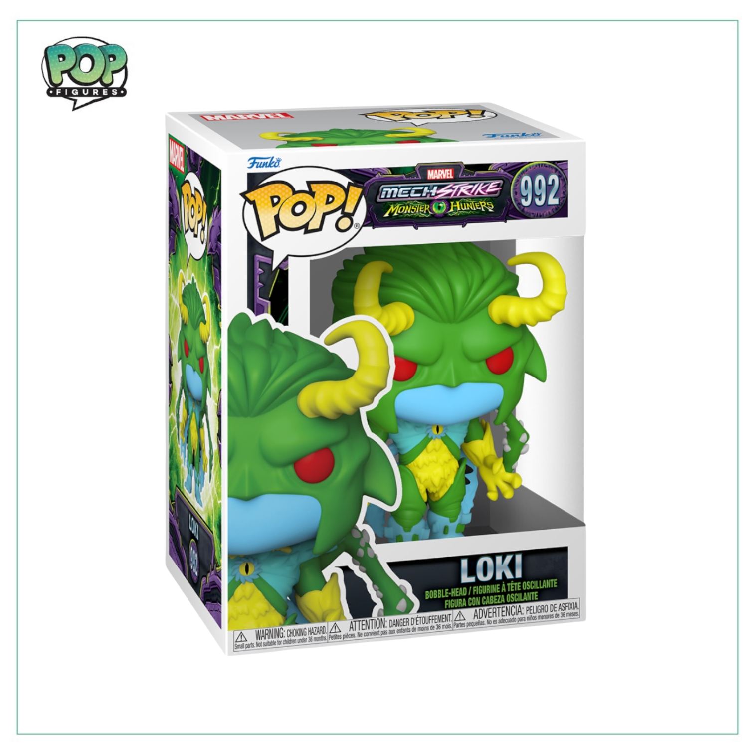 Marvel's Mech Strike Loki #992 Funko Pop! figure, showcasing Loki in a dynamic pose with vibrant colors.