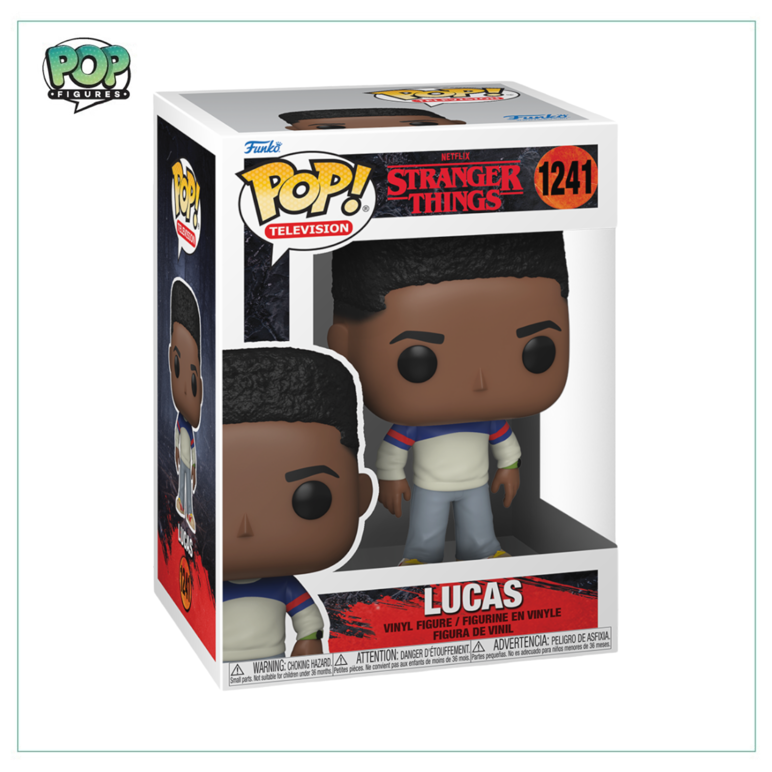 Funko Pop! figure of Lucas from Stranger Things, showcasing his iconic outfit and playful demeanor.