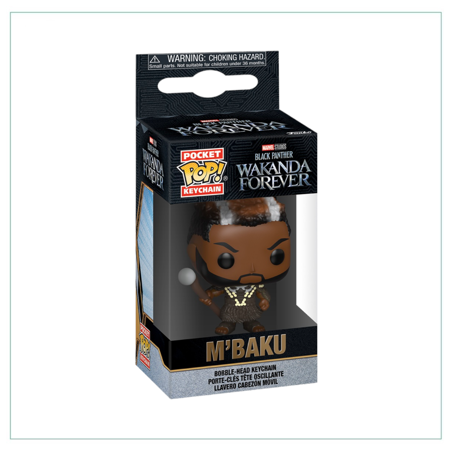 M’Baku Funko Pocket Pop! keychain from Wakanda Forever, featuring the character in a vibrant, stylized design.