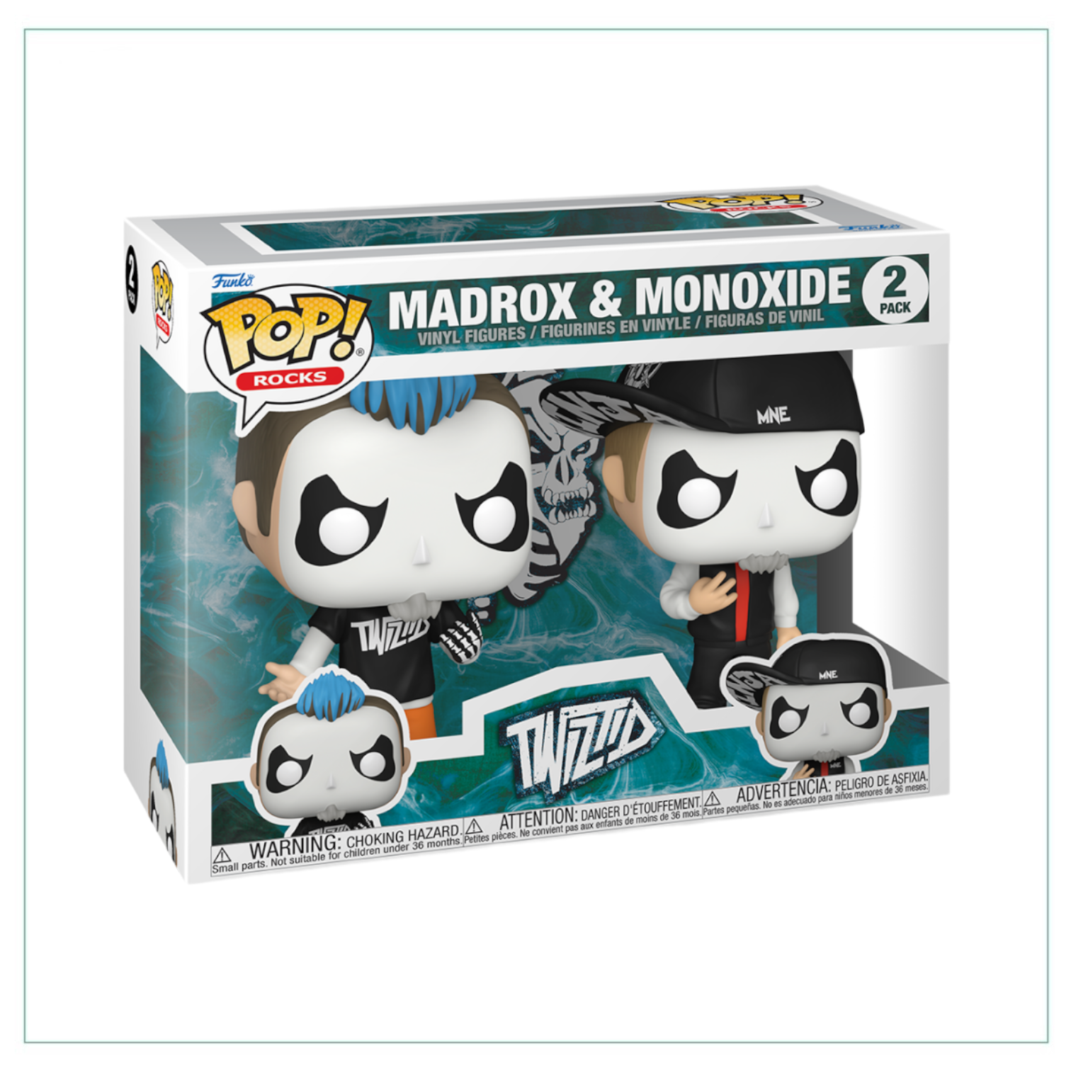 Two Funko Pop! figures of Madrox and Monoxide from Twiztid, showcasing their unique rock-inspired designs.