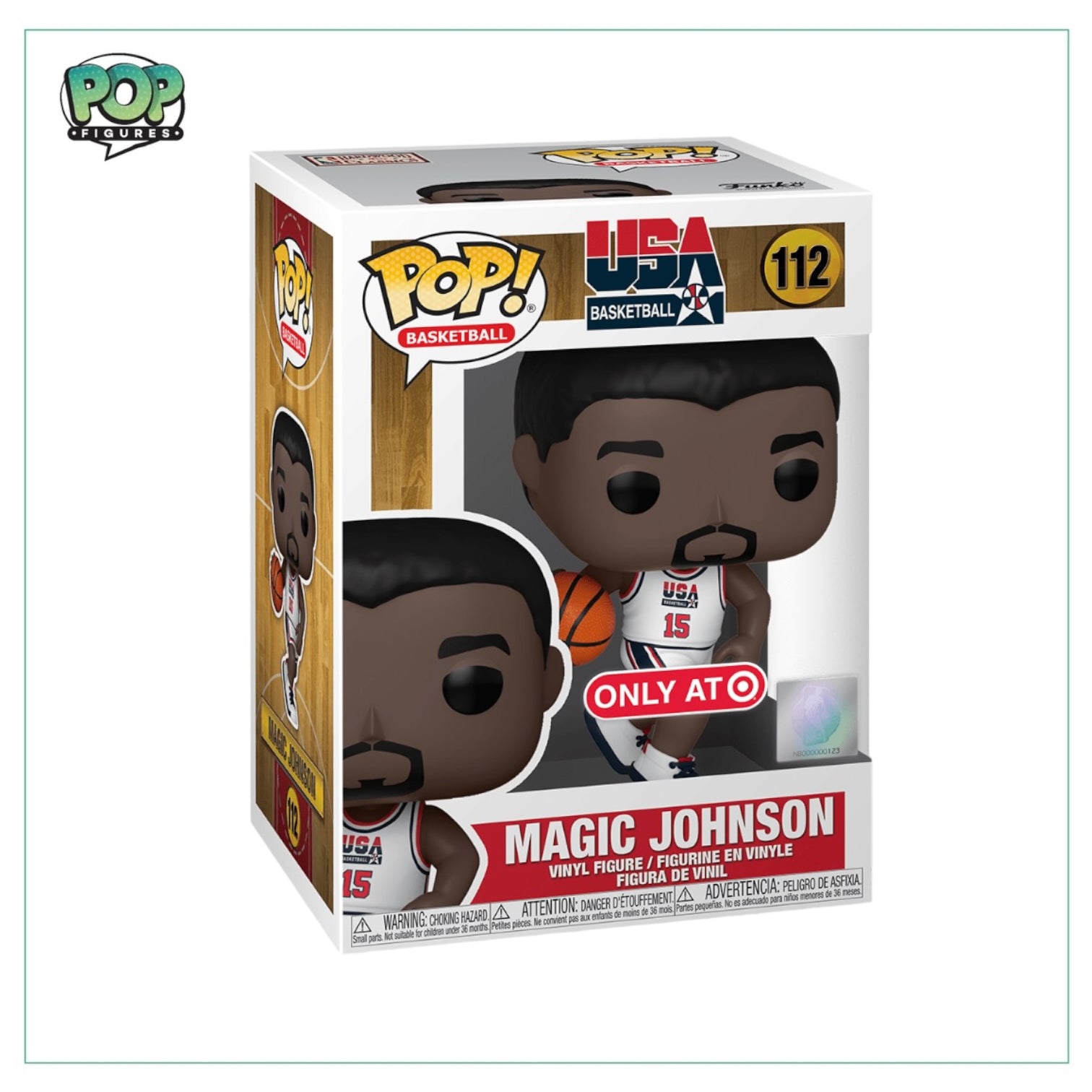 Funko Pop! of Magic Johnson in USA Basketball gear, #112, exclusive to Target, showcasing his iconic style and spirit.