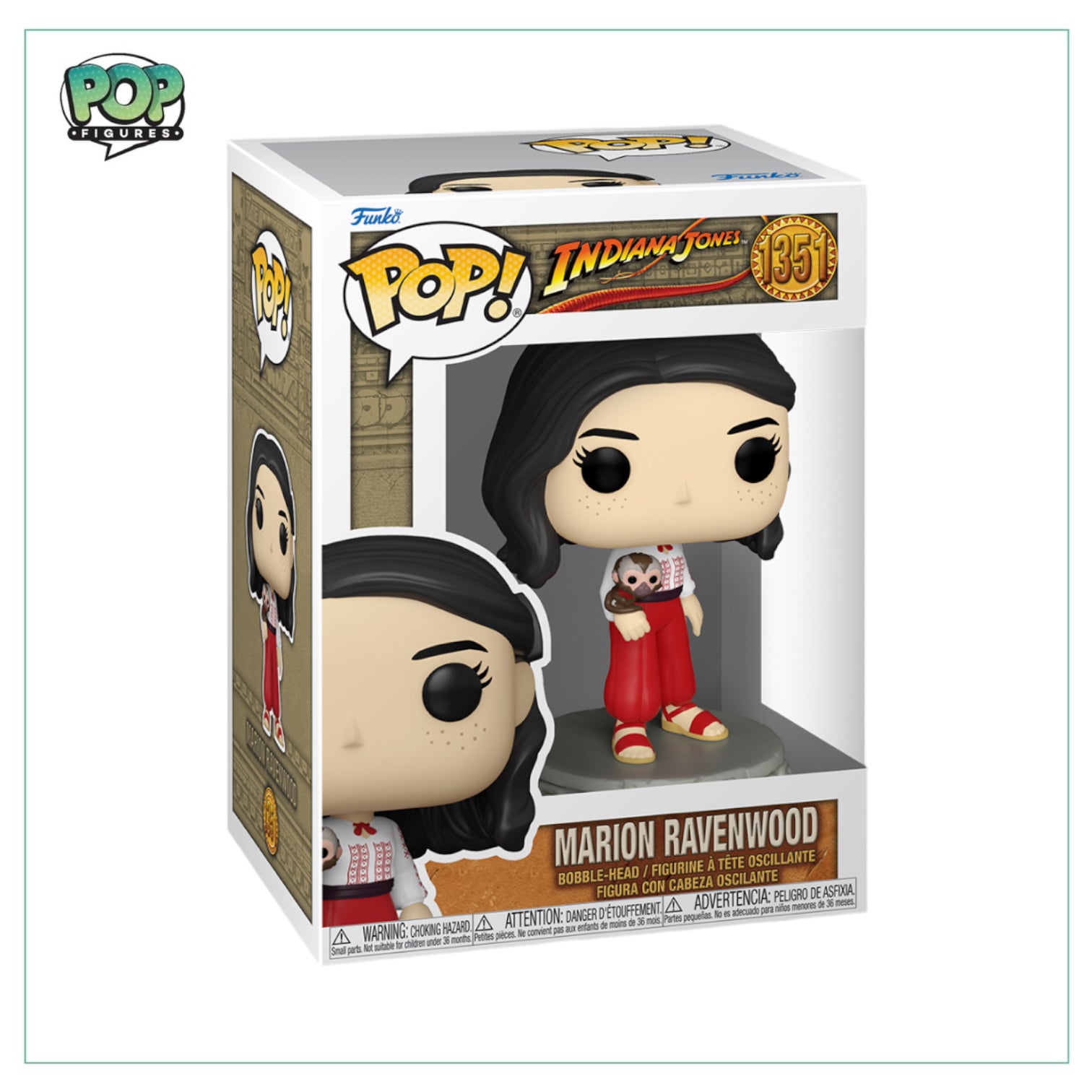Marion Ravenwood Funko Pop! #1351, featuring her iconic outfit from Indiana Jones, with detailed facial expression and pose.