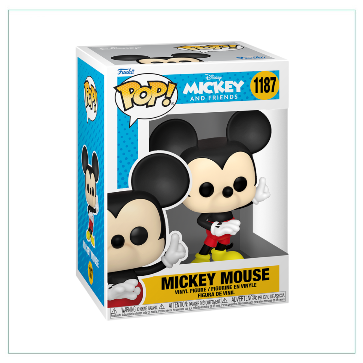 Funko Pop! figure of Mickey Mouse #1187, featuring Mickey in his classic red shorts and yellow shoes, smiling cheerfully.
