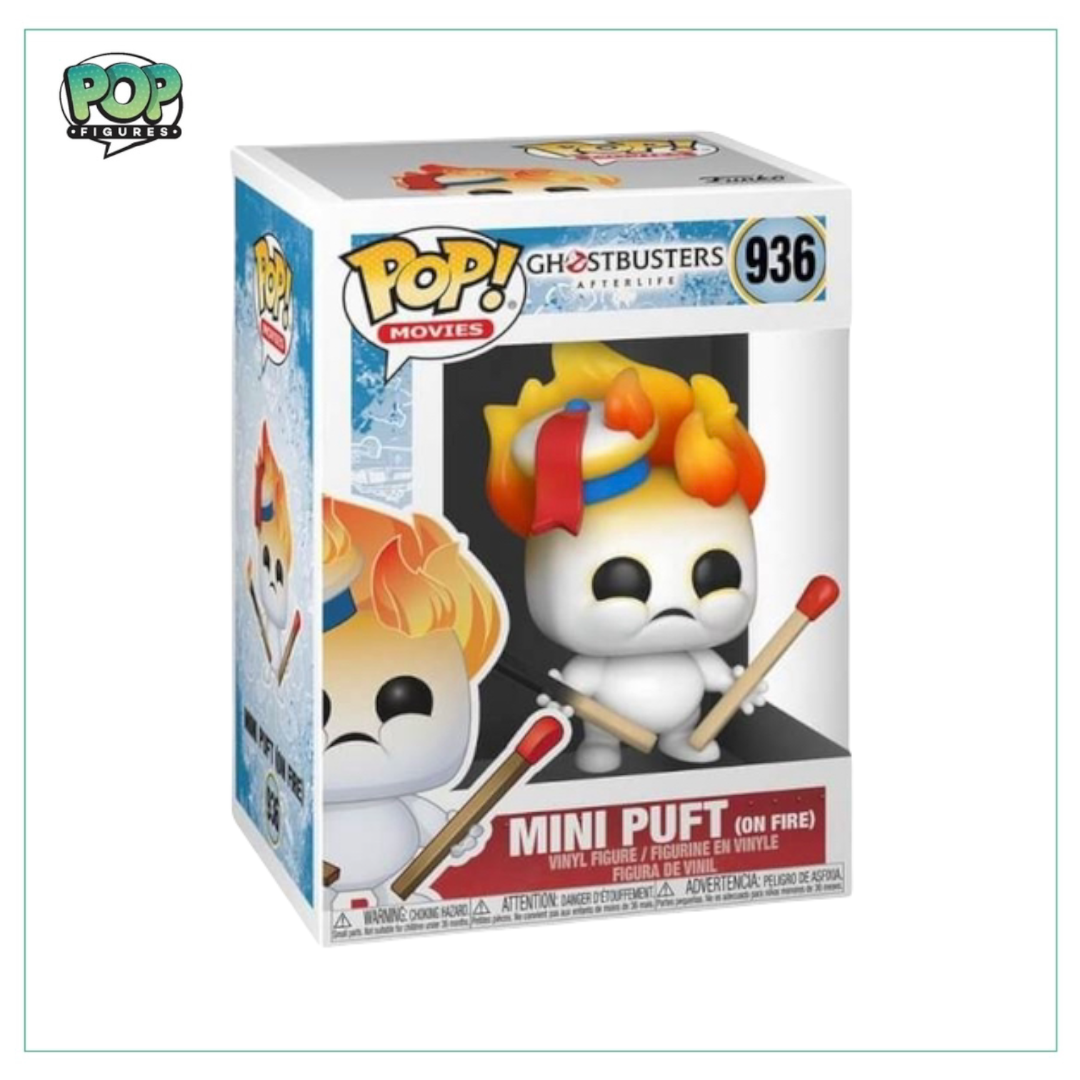 Adorable Mini Puft #936 from Ghostbusters: Afterlife, hilariously on fire, capturing the fun and chaos of the movie.