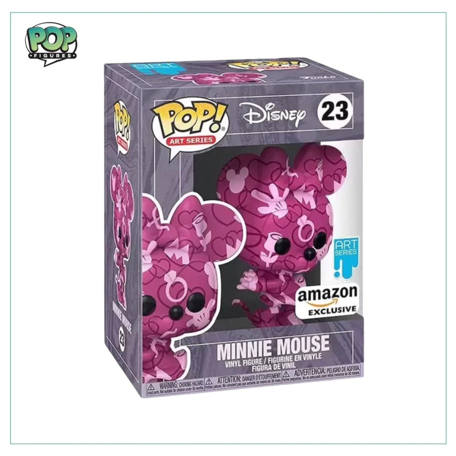 Minnie Mouse Funko Pop! #23 from the Art Series, featuring a colorful design, exclusive to Amazon.