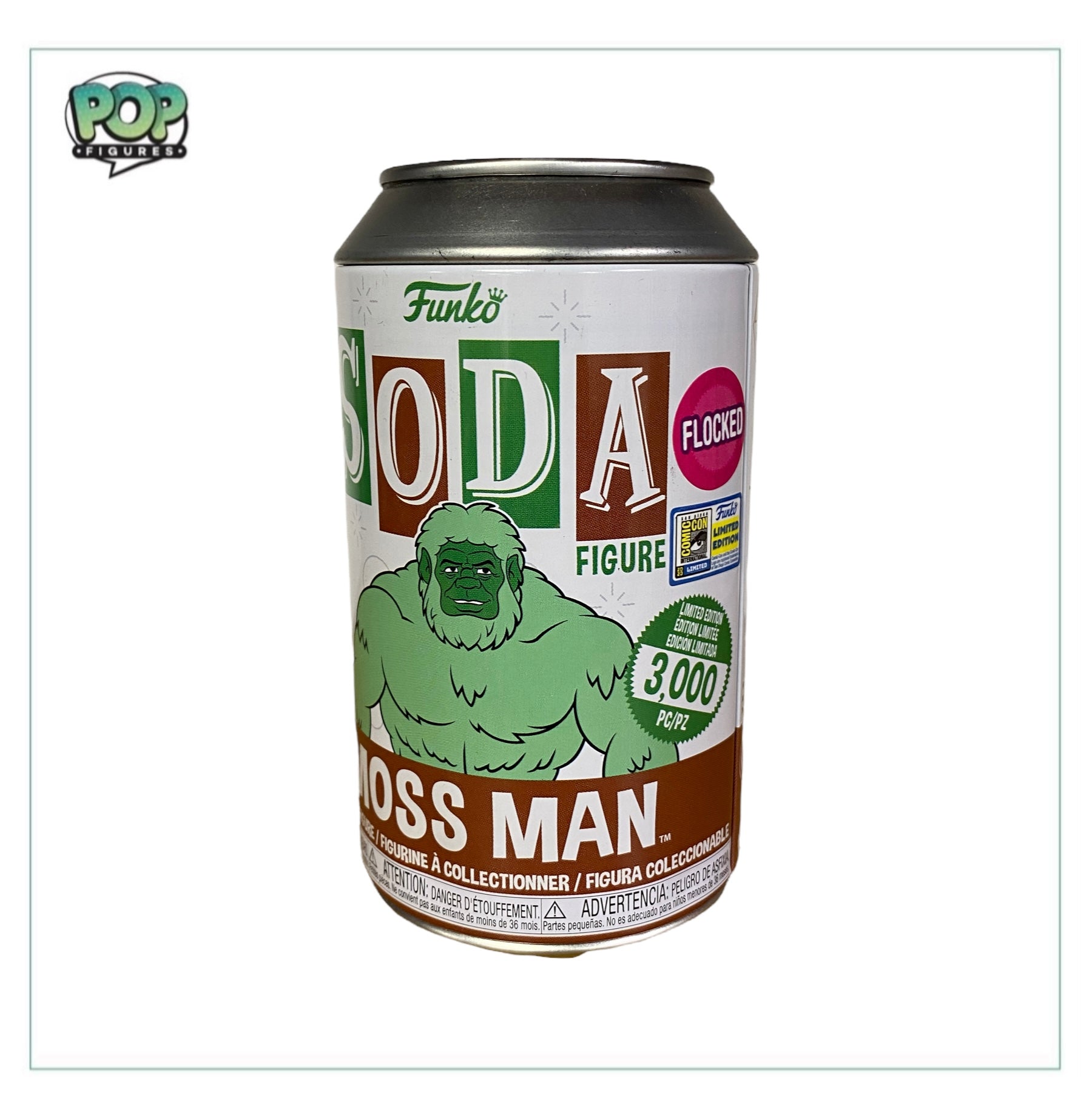 Moss Man Flocked Funko Soda figure from Masters of the Universe, exclusive to SDCC 2020, showcasing vibrant green flocking.
