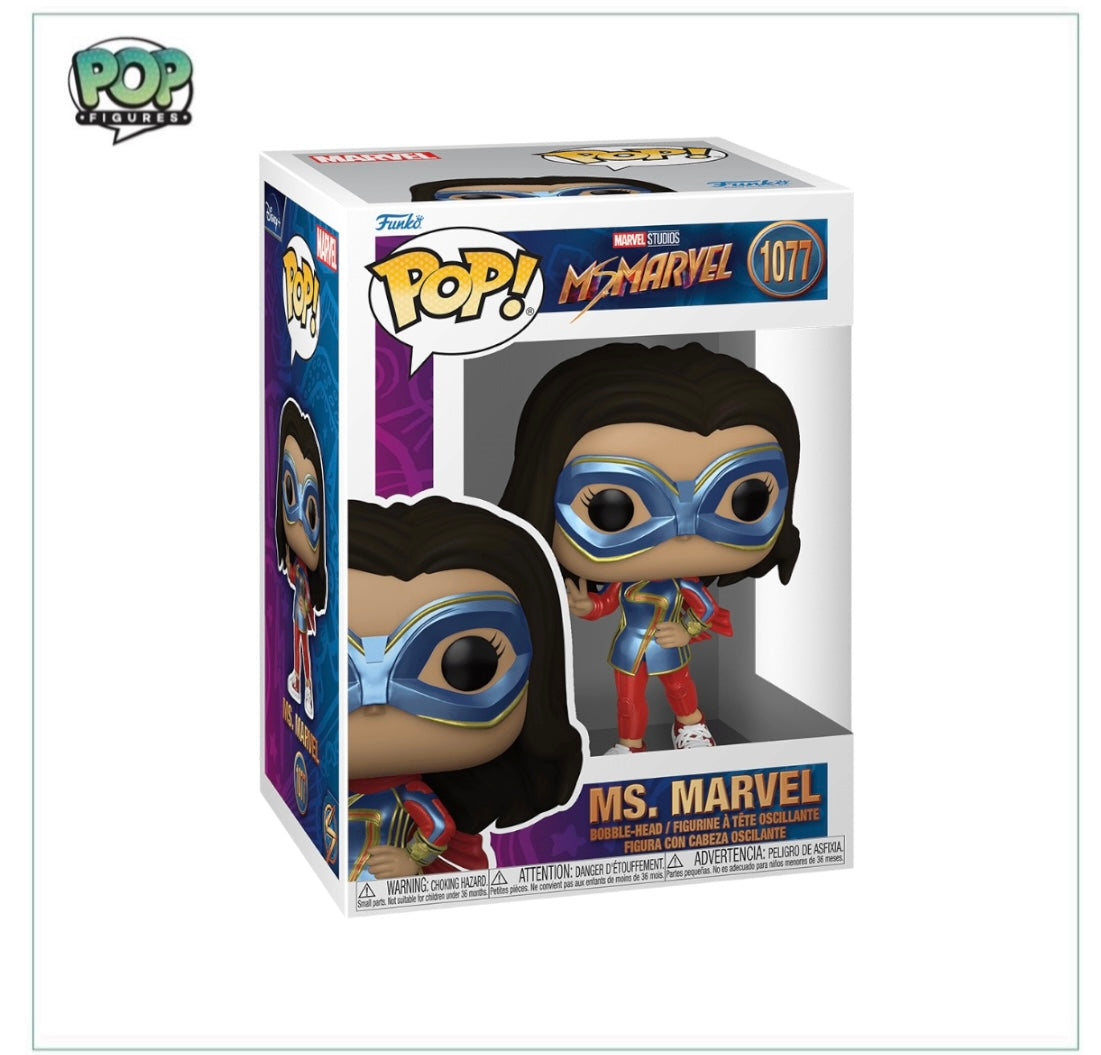 Ms. Marvel #1077 Funko Pop! collectible, featuring the superhero in her signature outfit with a dynamic expression.