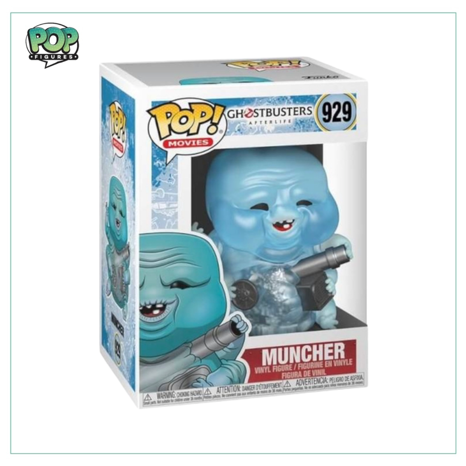 Muncher #929 Funko Pop! collectible from Ghostbusters: Afterlife, depicting a whimsical blue ghost with oversized features.