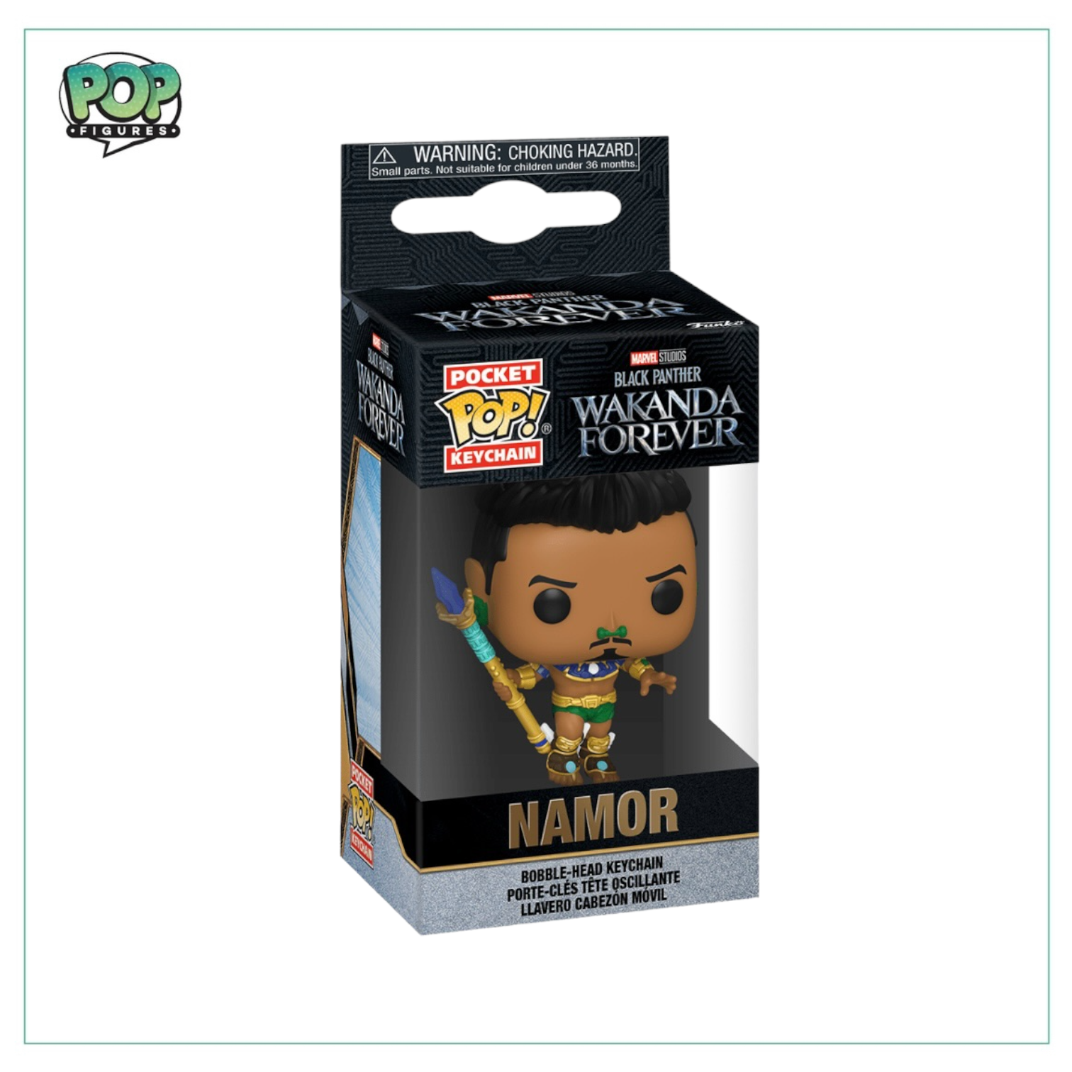 Marvel's Wakanda Forever Namor Pocket Pop Keychain, showcasing a small, collectible figure of Namor in vibrant colors.