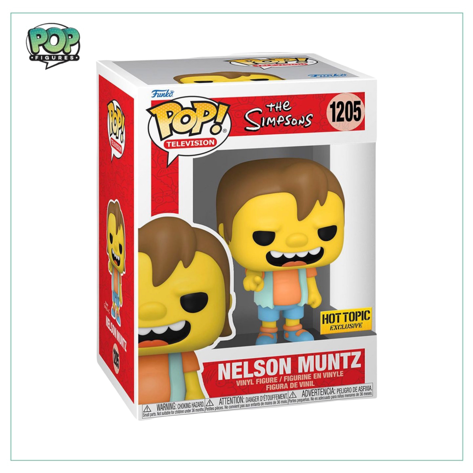 Nelson Muntz Funko Pop! from The Simpsons, exclusive to Hot Topic, featuring his classic mischievous grin and signature outfit.