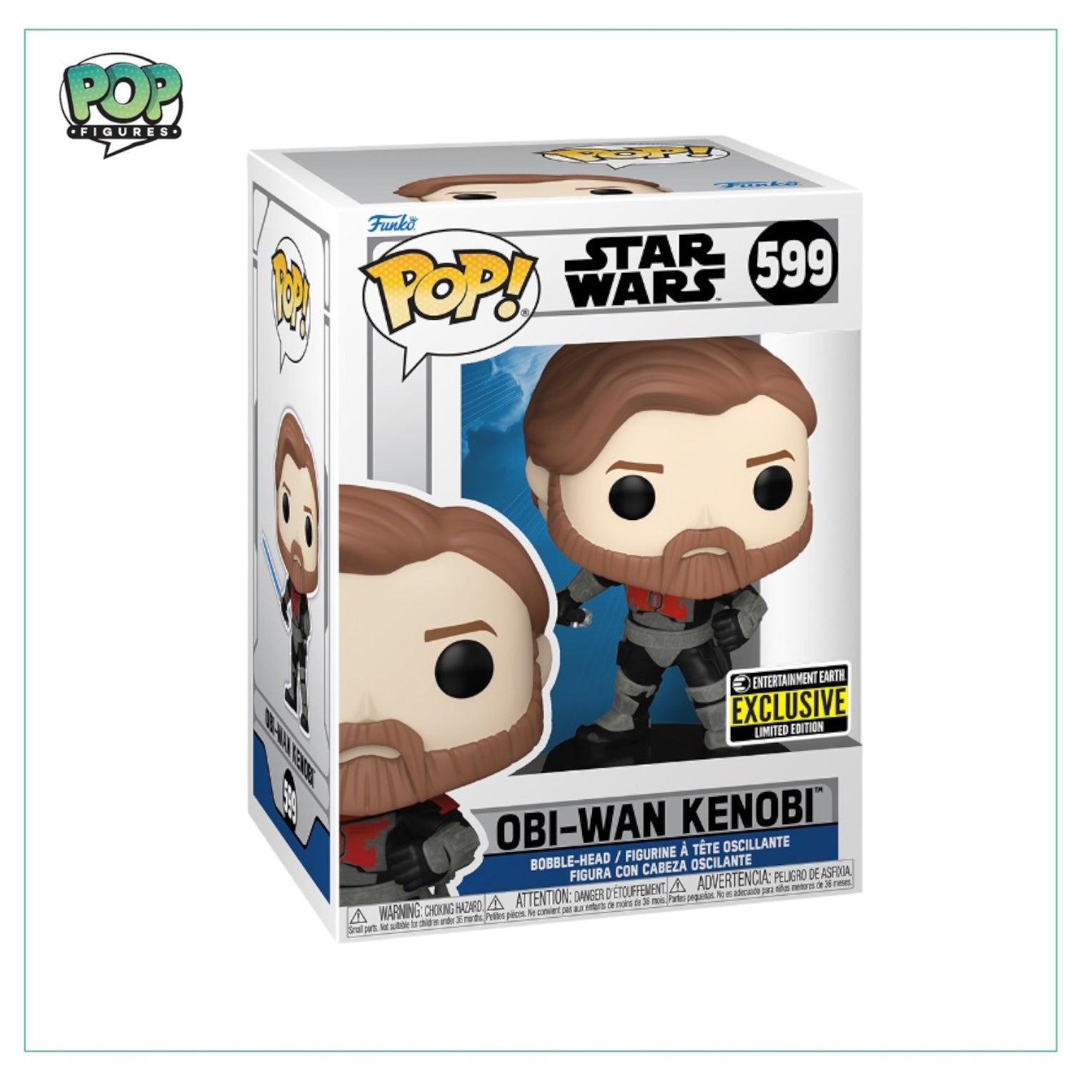 Funko Pop! #599 of Obi-Wan Kenobi, an exclusive from Entertainment Earth, featuring the beloved Jedi in a collectible design.
