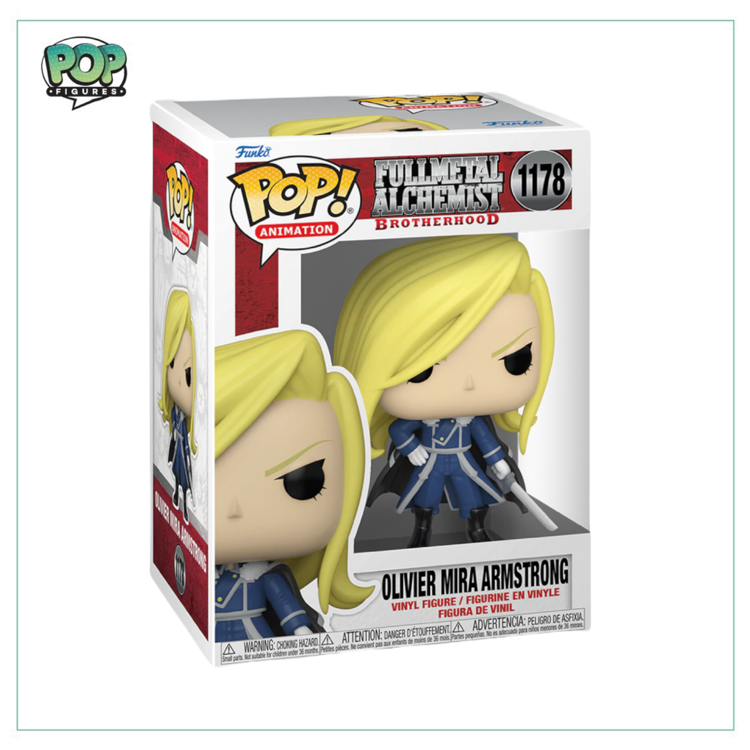 Olivier Mira Armstrong Funko Pop! from Full Metal Alchemist Brotherhood, featuring her iconic outfit and fierce demeanor.