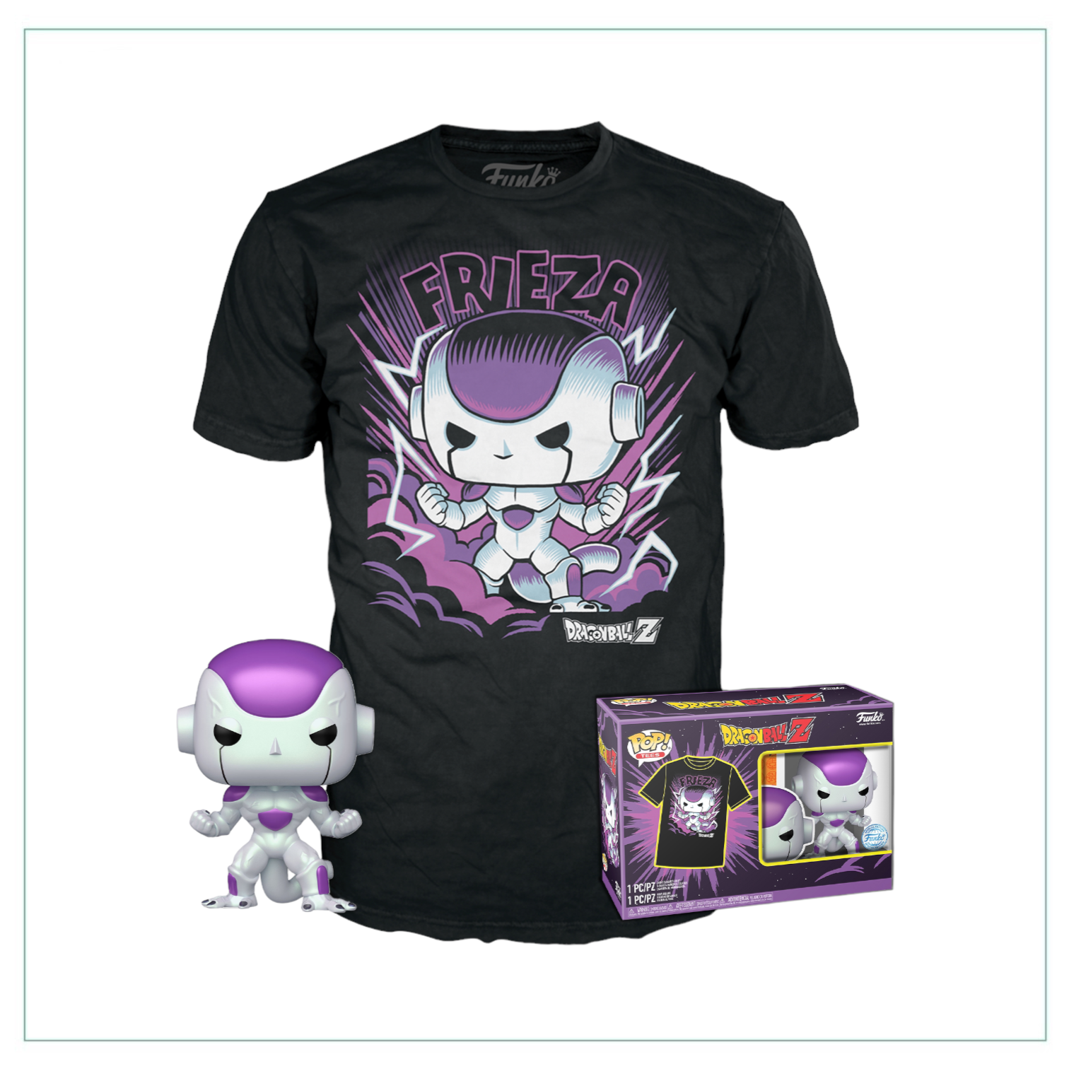 Frieza in his final form, featured in a collectible POP! figure and matching T-shirt design from Dragon Ball Z.