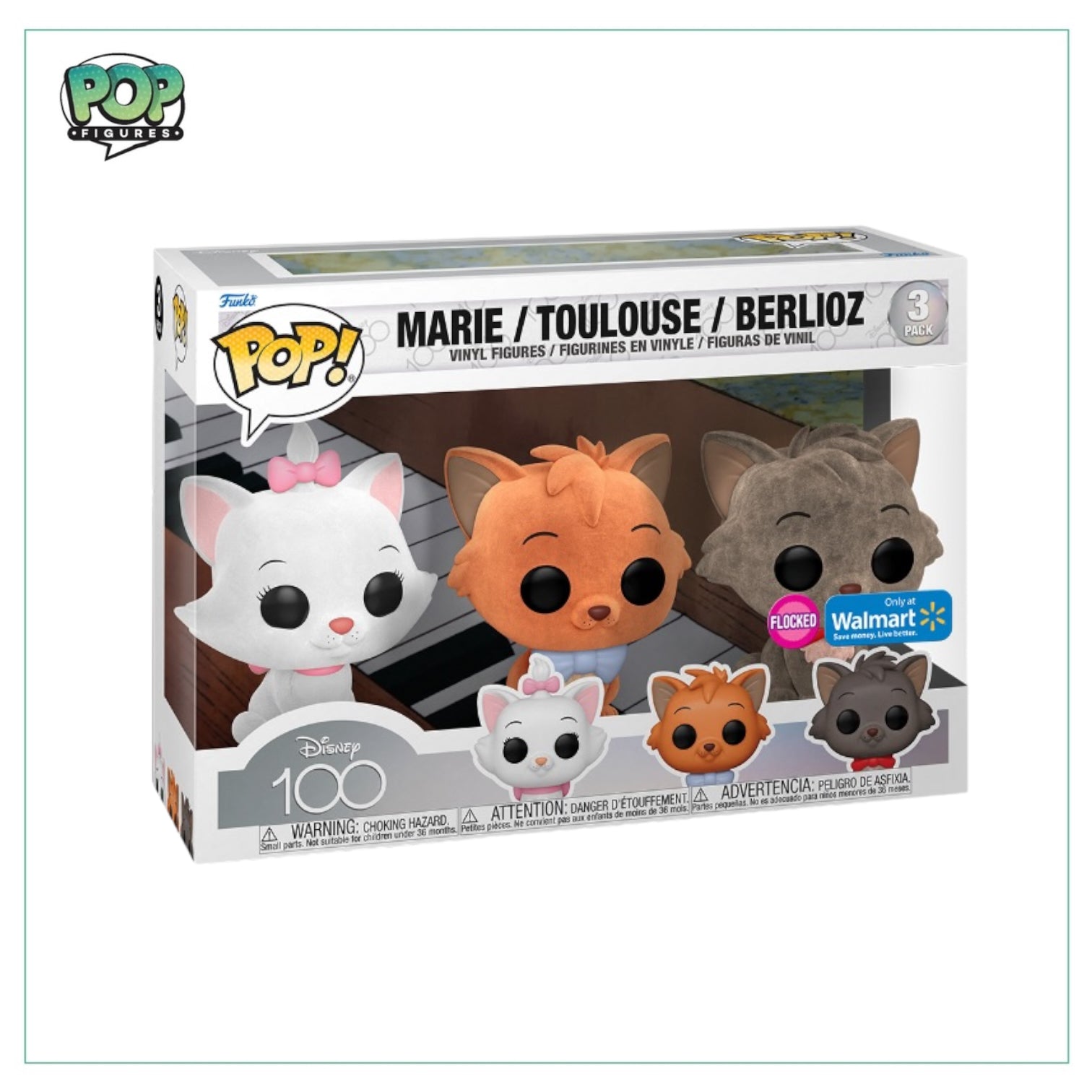Marie / Toulouse / Berlioz (Flocked) 3 Pack Funko Pop! - Disney 100 - Walmart Exclusive - Condition 7/10