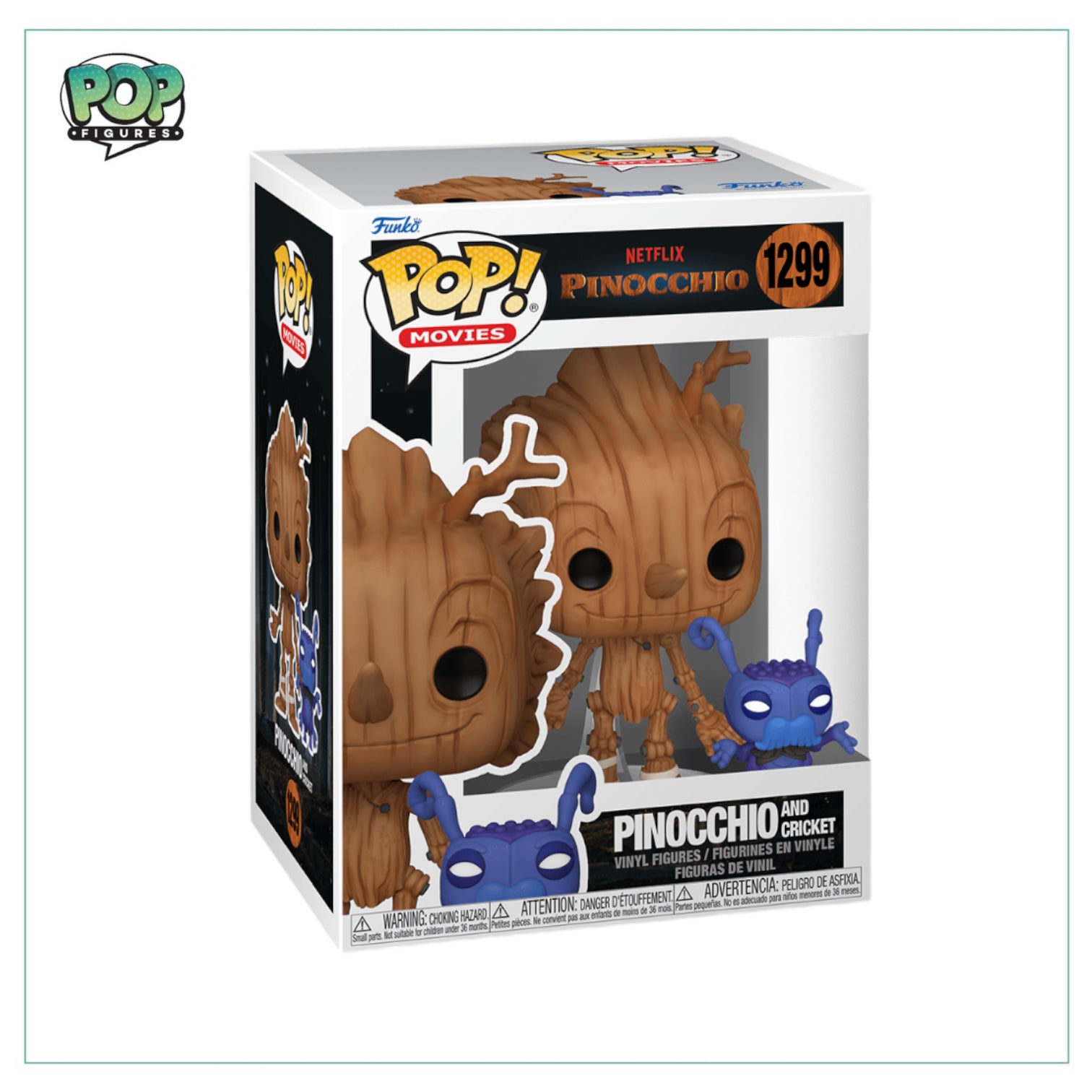 Funko Pop! figure of Pinocchio with a cricket, showcasing the classic character in a fun, collectible design.
