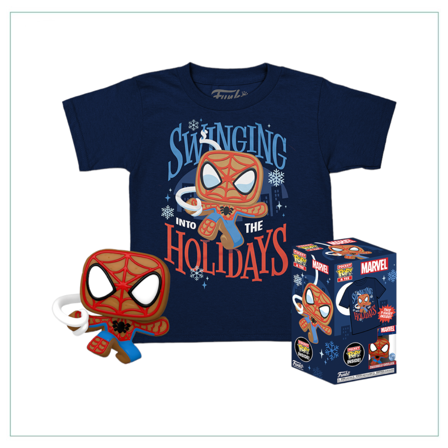 Marvel's Gingerbread Spidey Pocket POP! and matching tee, ideal for collectors and fans of whimsical superhero merchandise.
