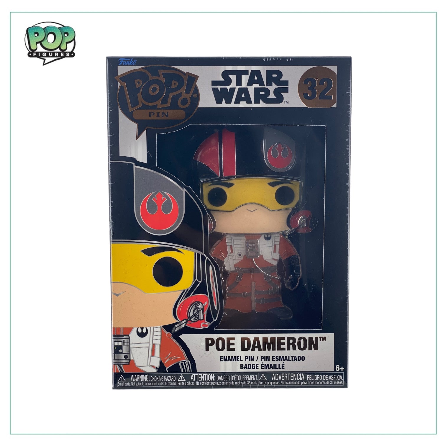 Enamel Pop! Pin of Poe Dameron #32 from Star Wars, showcasing the iconic pilot in a vibrant and collectible design.